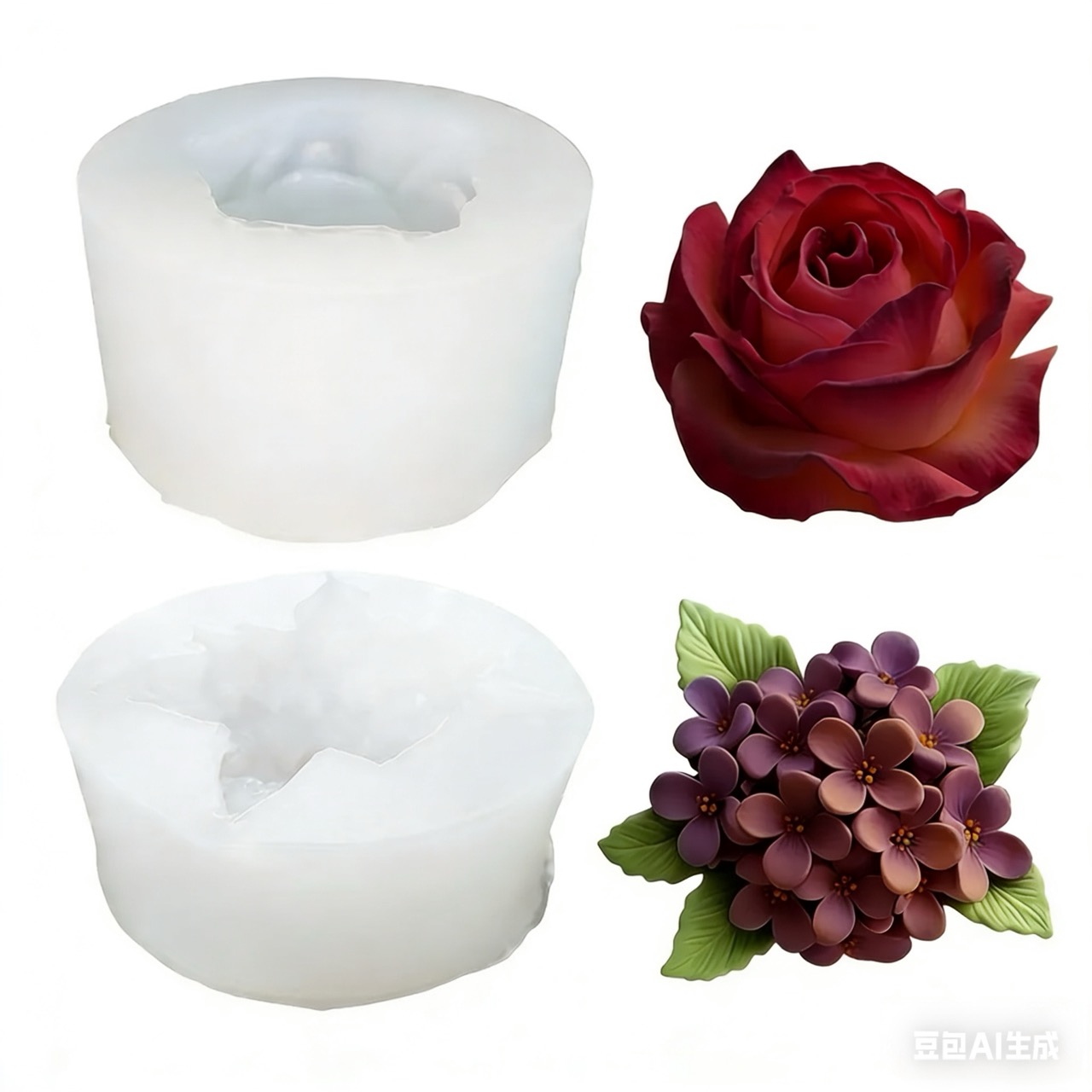 Resin Art Rose - ชุดแม่พิมพ์ซิลิโคนรูปดอกกุหลาบและดอกไลแลคแบบ 3 มิติ 2 ชิ้น ใช้สำหรับทำเรซินและเทียน